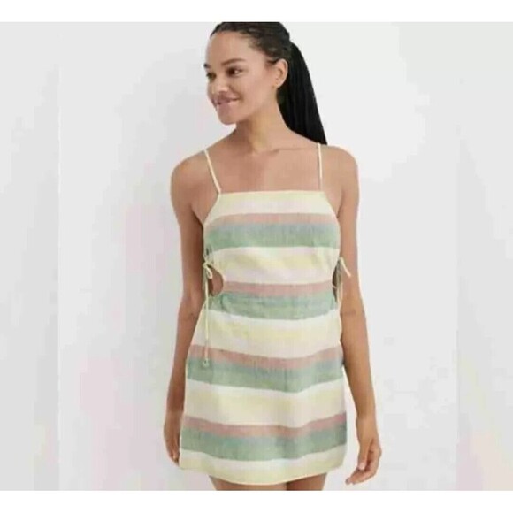 Aerie Mini Dress Size Medium Striped Multicolor Line Blend Side Cut Out Smocked - Picture 1 of 11